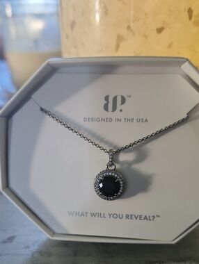 bp Silver-Tone Necklace with Black Center Stone and Crystal Halo
